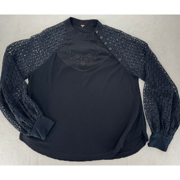 Free People Black Embroidered Lace Top Waffle Knit Shirt M Victorian Goth - Picture 5 of 7